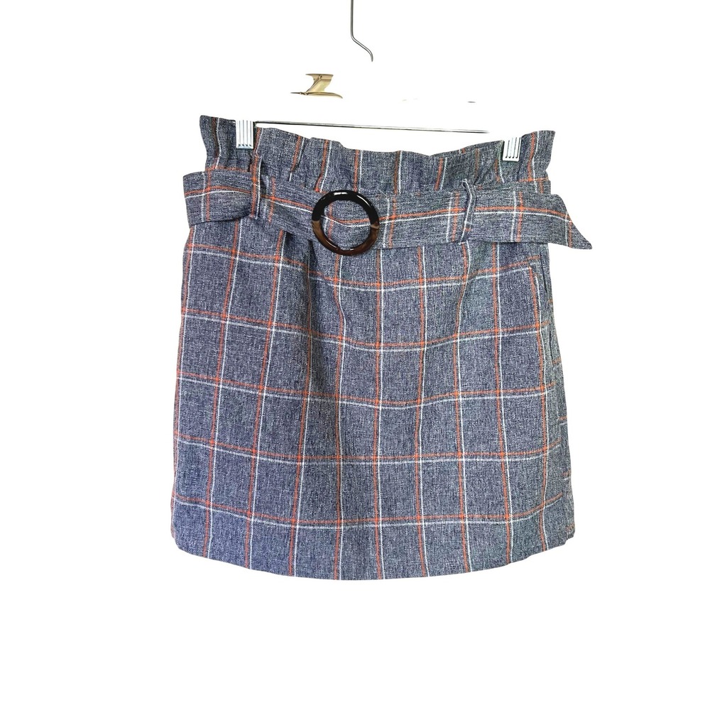Entro Grey Orange Plaid Paperbag Waist Mini Skirt Belted High Rise Small Fall
